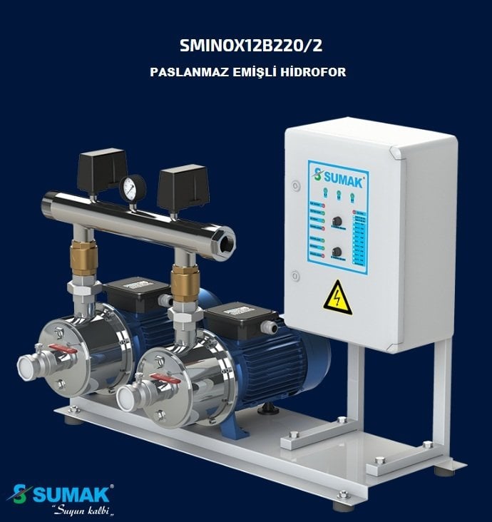 Sumak SMINOX12B 220/2 T    2X1.6 kW  380V  İki Pompalı Emişli Kademeli Paslanmaz Yatay Hidrofor