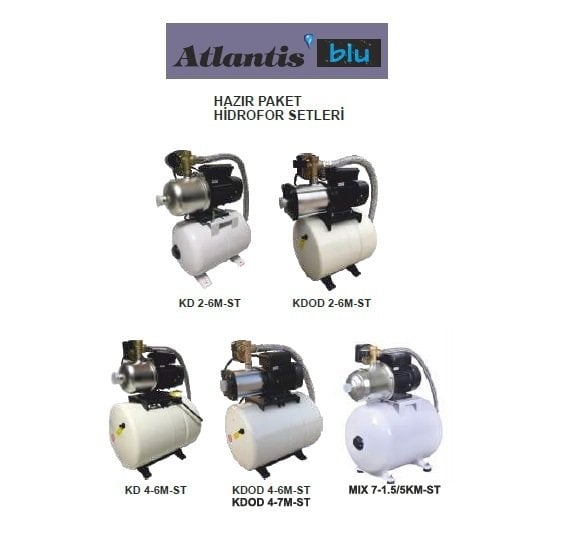 Atlantis Blu KDOD 2-6M-ST    1Hp 220V  Hazır  Paket Hidrofor  - Yatık Tanklı 24 Litre Değişebilir Membranlı